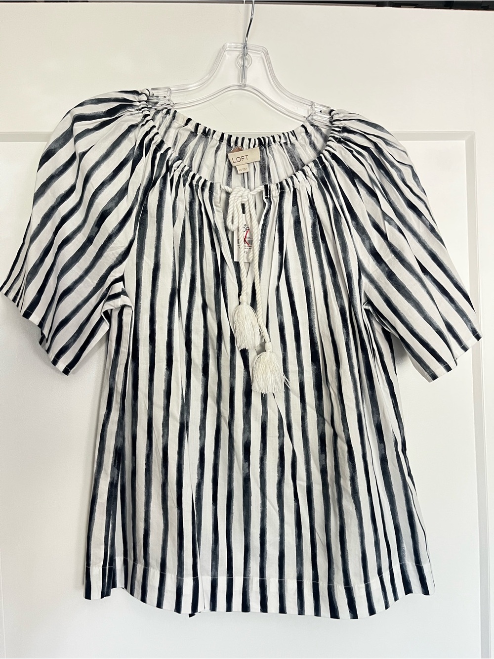 LOFT Oversized Navy and White Striped Peasant Blouse with Tassel Tie XS-M